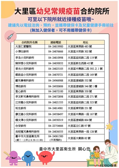 大里區幼兒常規疫苗合約院所